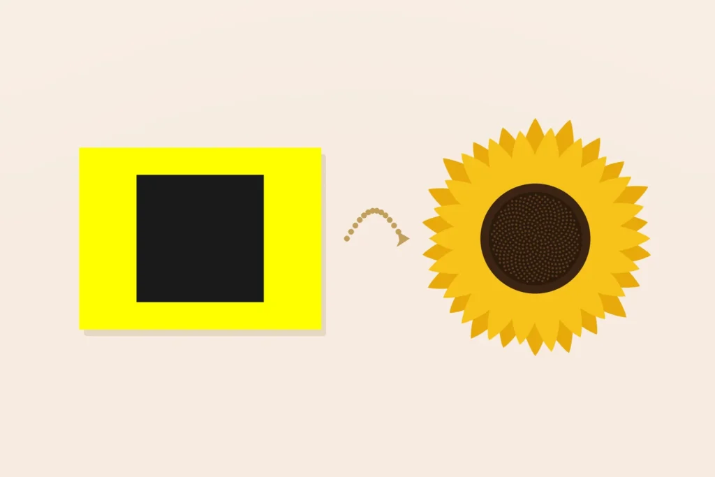 The target image, a black square on a yellow field, next to an illustration of the sunflower that two participants reported