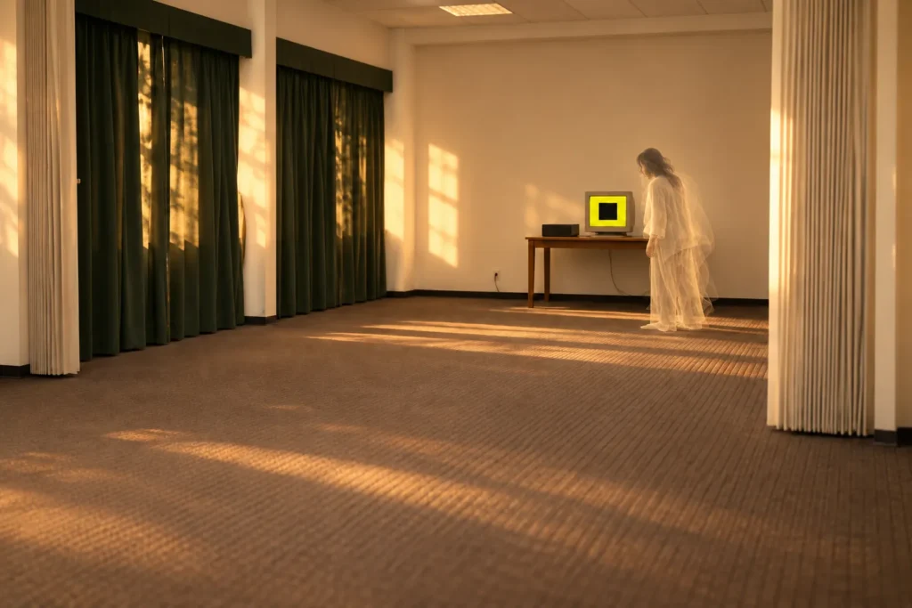 A closed room with a computer monitor showing a black square on a yellow background, observed by a translucent figure
