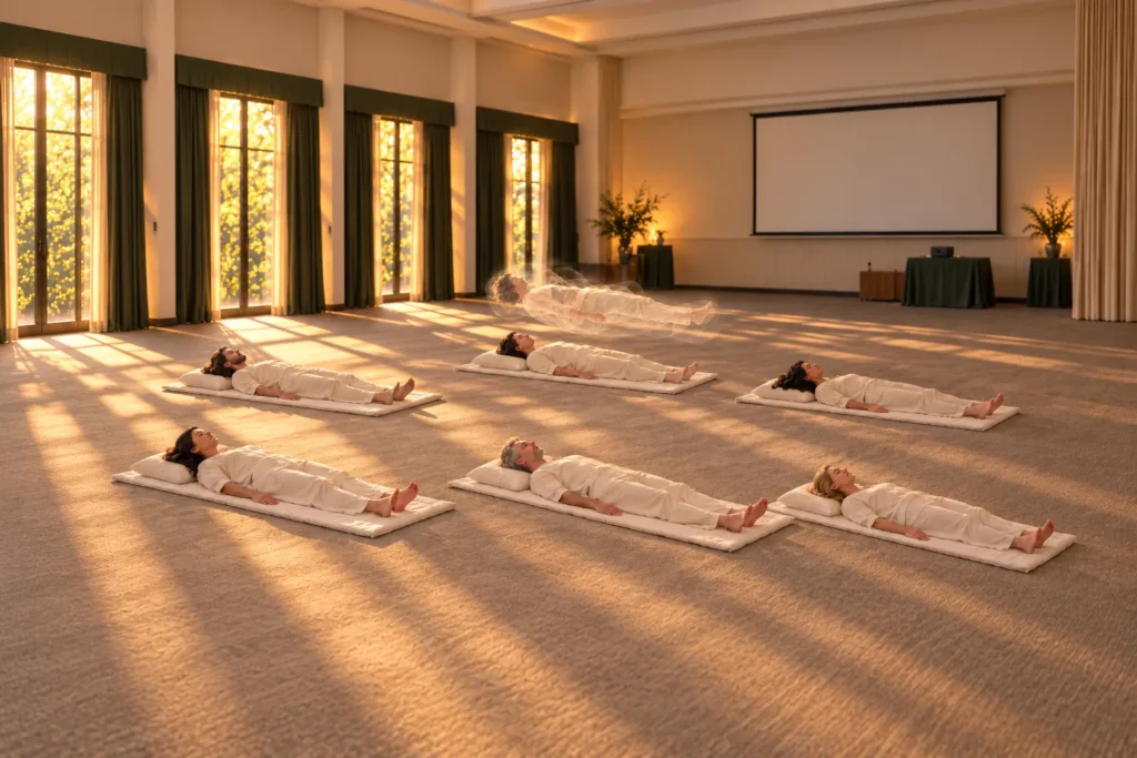 Participants lying on mats during an out-of-body experience workshop, with a translucent double floating above one of them
