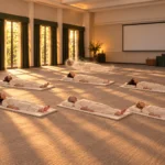 Participants lying on mats during an out-of-body experience workshop, with a translucent double floating above one of them