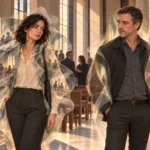 A woman and a man leaving a chapel, each surrounded by a visible energy field